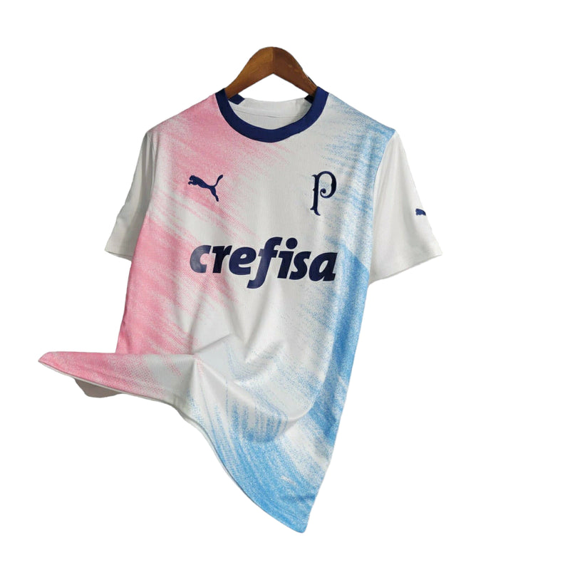 Camisa Palmeiras - Torcedor Puma Masculina - Branca com detalhes em azul e rosa